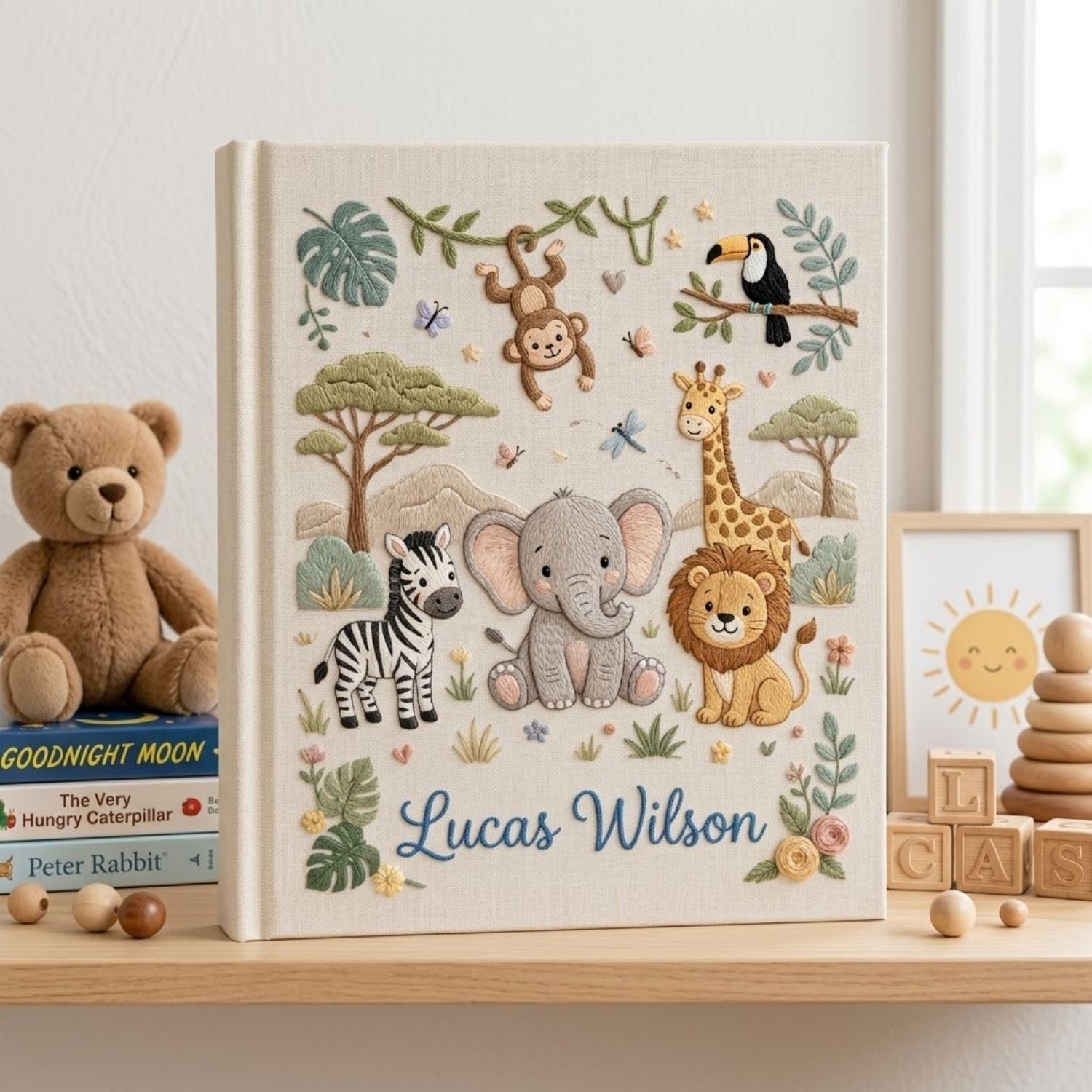 Personalized Safari Baby Embroidered Photo Album, Custom Jungle Animals Baby Memory Book, Elephant Lion Giraffe Nursery Keepsake Gift