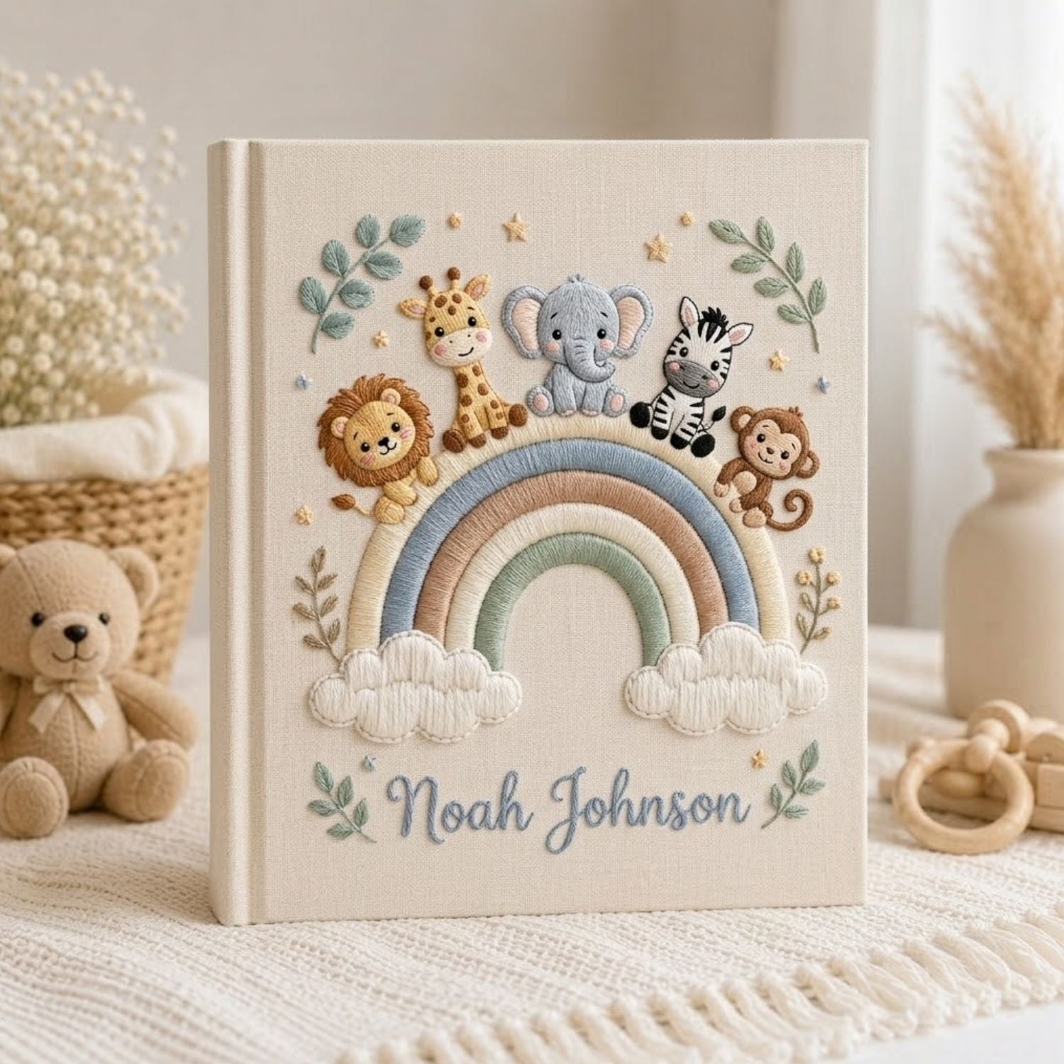 Personalized Safari Rainbow Baby Embroidered Photo Album, Custom Jungle Animals Baby Memory Book, Elephant Lion Giraffe Nursery Keepsake