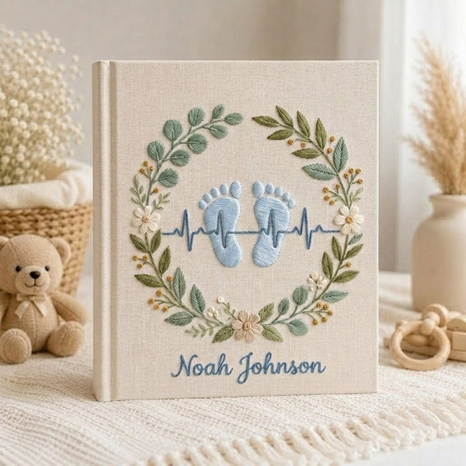 Personalized Baby Footprint Embroidered Photo Album, Custom Name Newborn Memory Book, Birth Stats Heartbeat Keepsake Gift Nursery