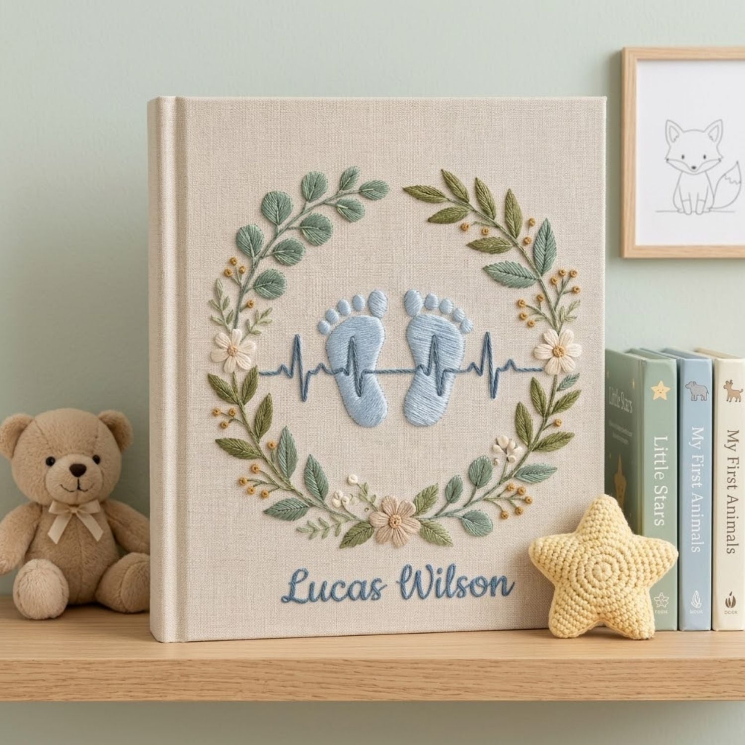 Personalized Baby Footprint Embroidered Photo Album, Custom Name Newborn Memory Book, Birth Stats Heartbeat Keepsake Gift Nursery