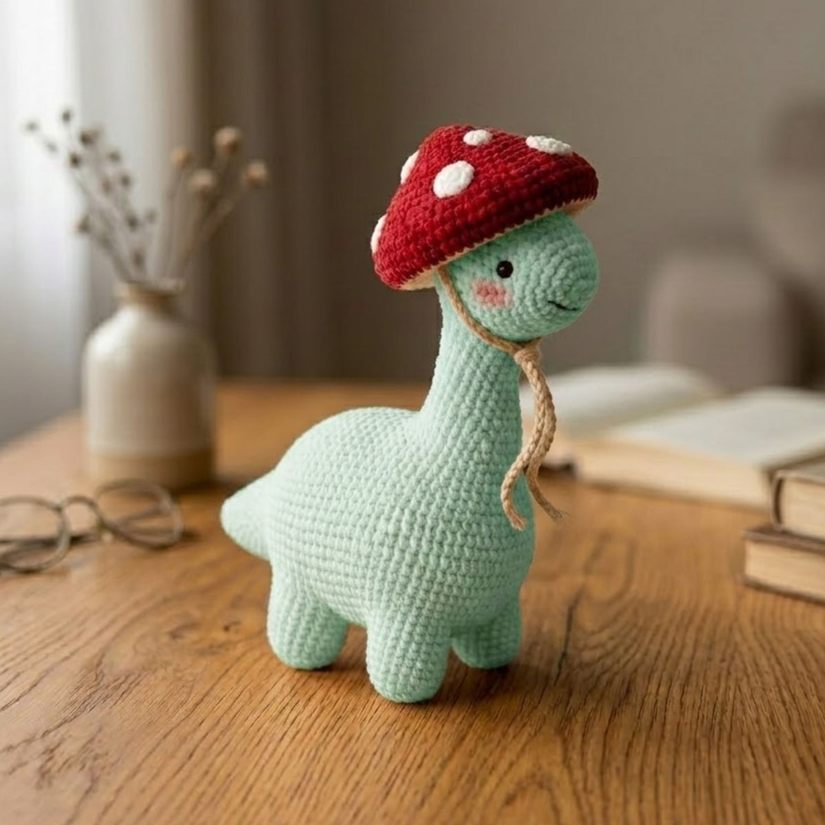 Crochet Dinosaur Plush, Mushroom Hat Dino Amigurumi, Handmade Stuffed Animal, Cute Nursery Decor, Kawaii Baby Gift Soft Toy, Sizes 4-12 Inch