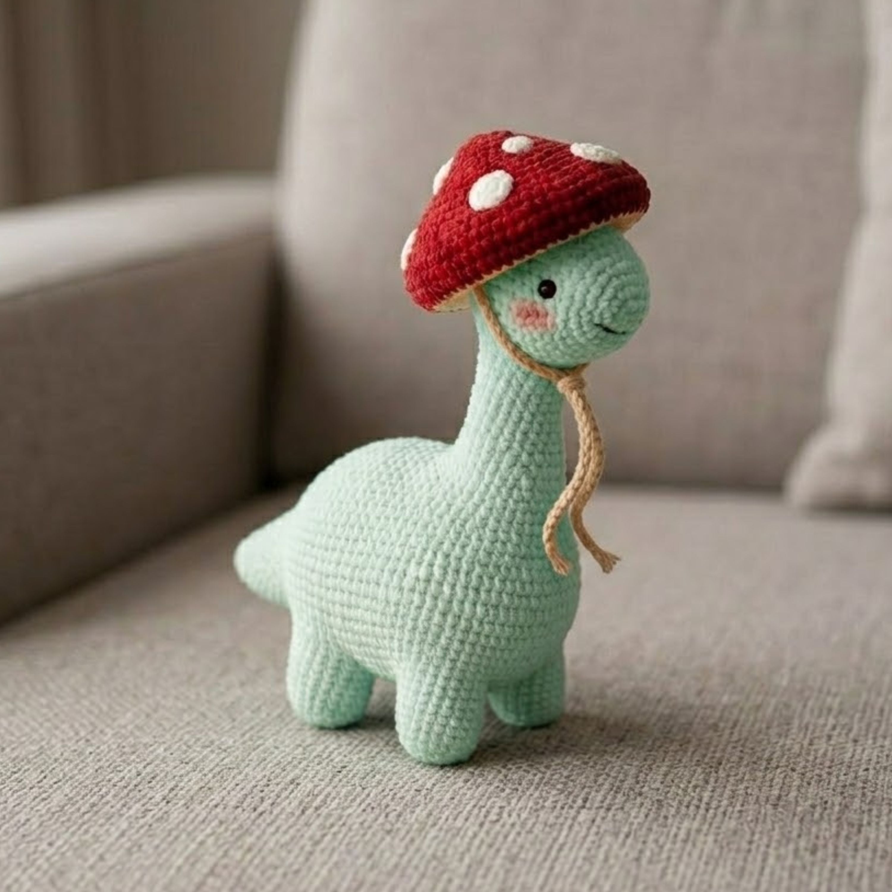 Crochet Dinosaur Plush, Mushroom Hat Dino Amigurumi, Handmade Stuffed Animal, Cute Nursery Decor, Kawaii Baby Gift Soft Toy, Sizes 4-12 Inch