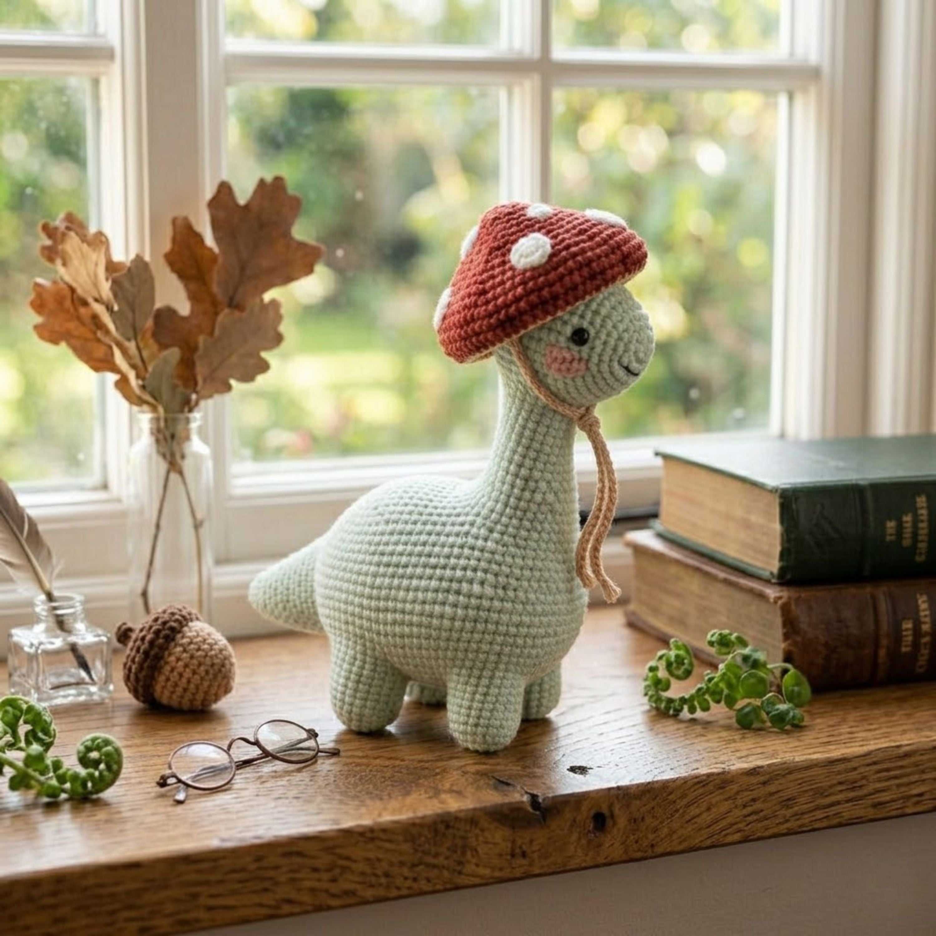 Crochet Dinosaur Plush, Mushroom Hat Dino Amigurumi, Handmade Stuffed Animal, Cute Nursery Decor, Kawaii Baby Gift Soft Toy, Sizes 4-12 Inch