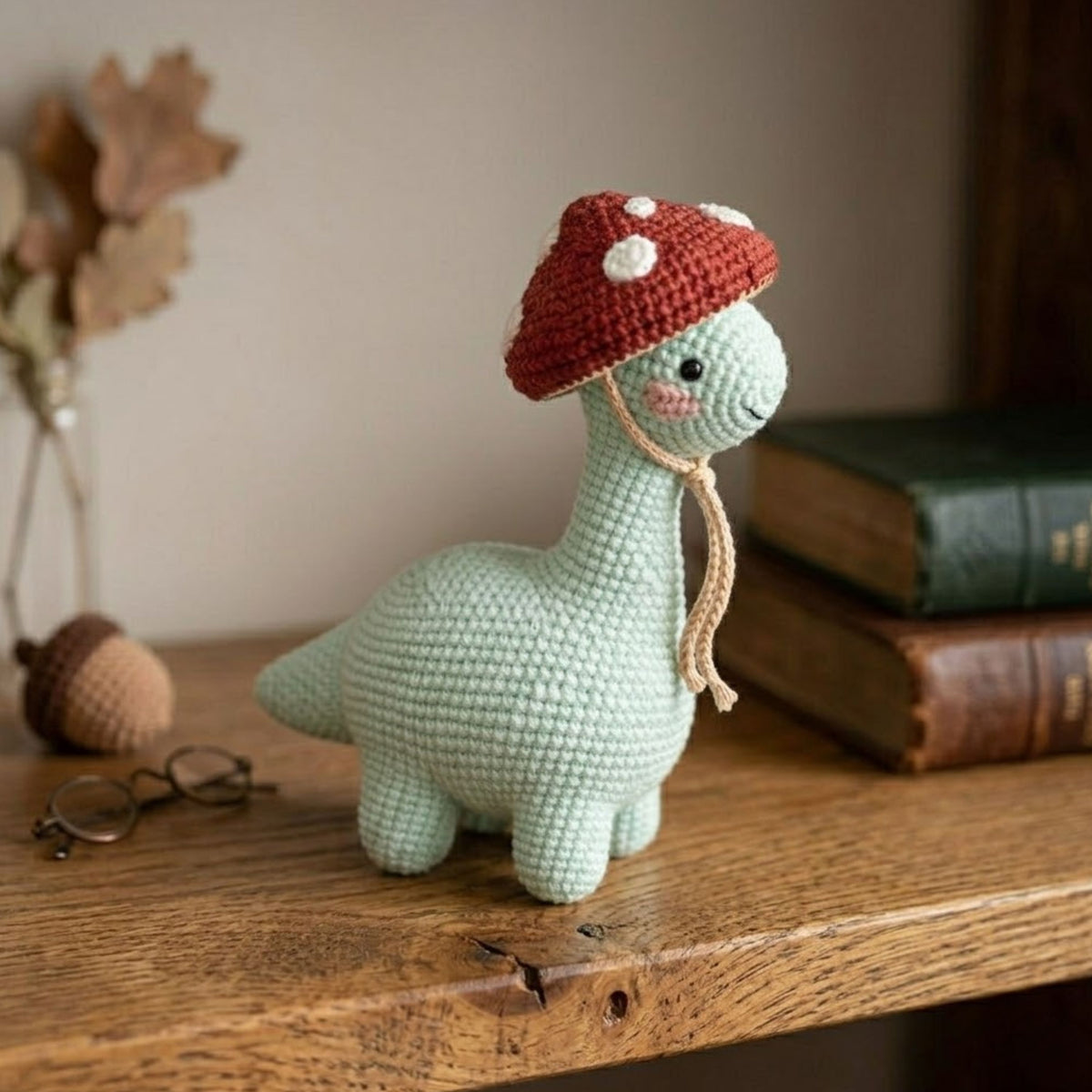 Crochet Dinosaur Plush, Mushroom Hat Dino Amigurumi, Handmade Stuffed Animal, Cute Nursery Decor, Kawaii Baby Gift Soft Toy, Sizes 4-12 Inch