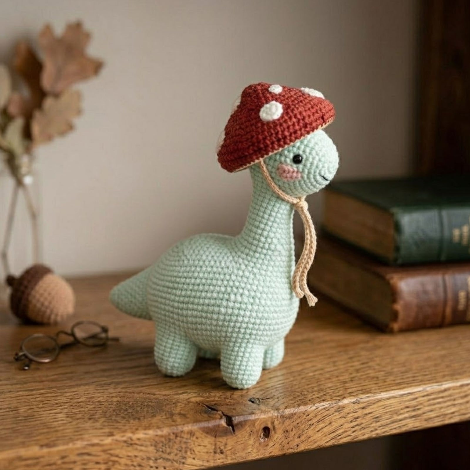 Crochet Dinosaur Plush, Mushroom Hat Dino Amigurumi, Handmade Stuffed Animal, Cute Nursery Decor, Kawaii Baby Gift Soft Toy, Sizes 4-12 Inch