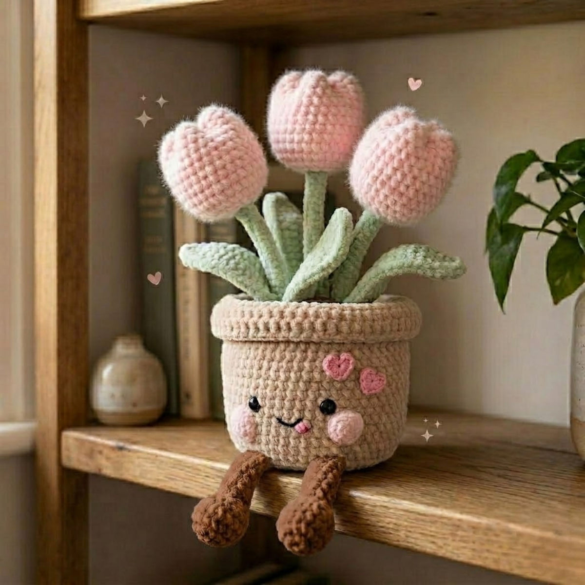 Crochet Tulip Pot Plush, Amigurumi Flower Pot Doll, Handmade Kawaii Shelf Decor, Cute Nursery Gift, Pink Tulip Plush Toy 6-14in