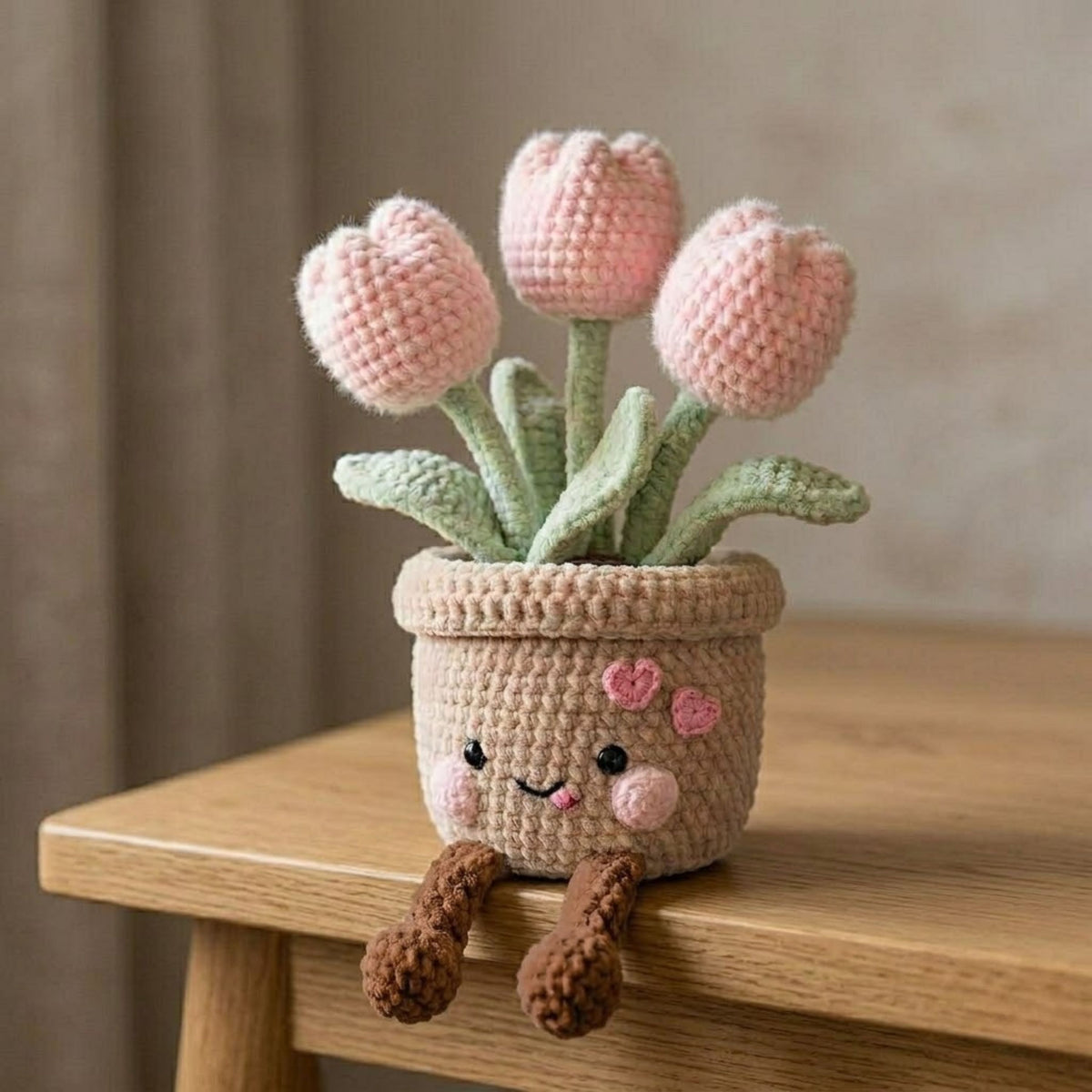 Crochet Tulip Pot Plush, Amigurumi Flower Pot Doll, Handmade Kawaii Shelf Decor, Cute Nursery Gift, Pink Tulip Plush Toy 6-14in