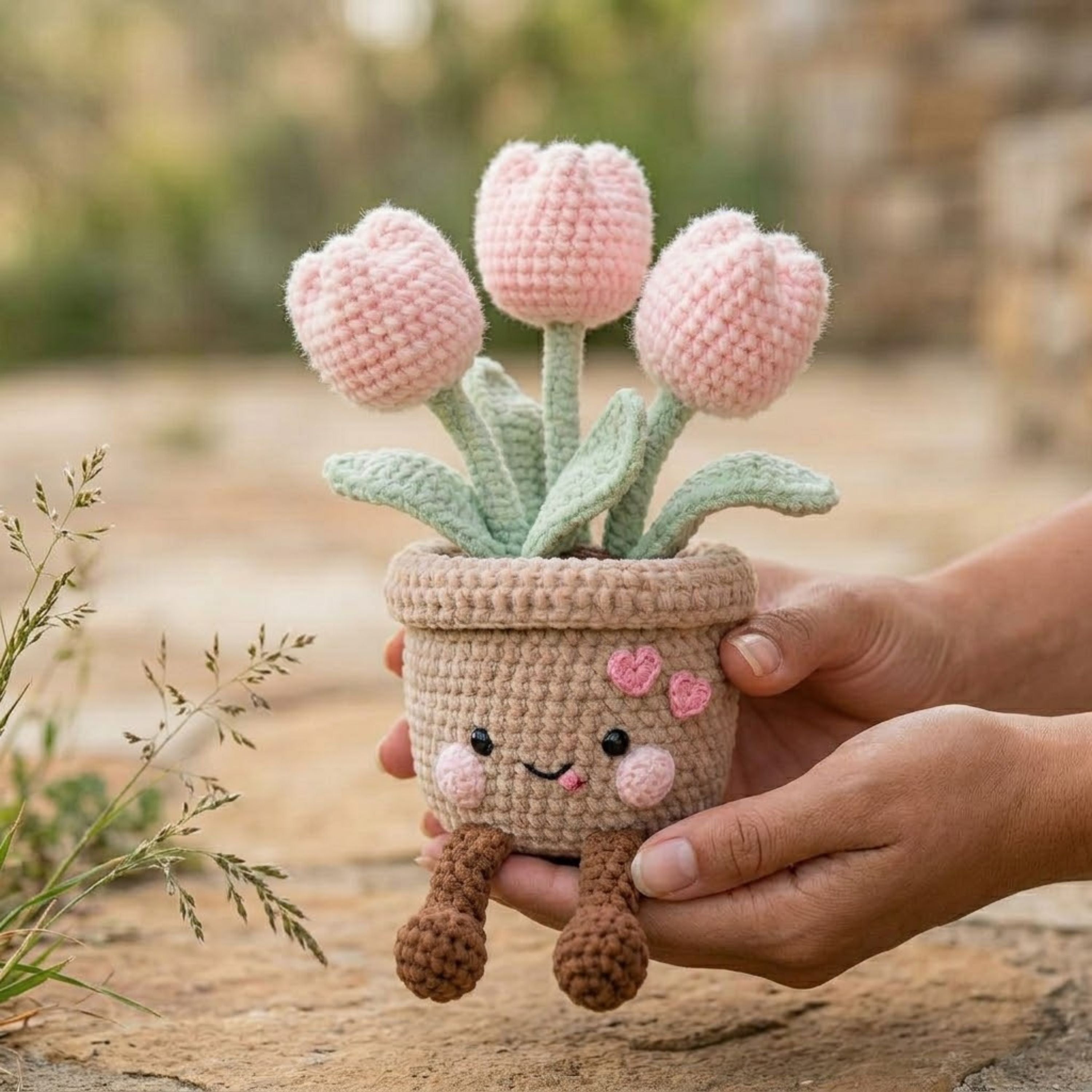 Crochet Tulip Pot Plush, Amigurumi Flower Pot Doll, Handmade Kawaii Shelf Decor, Cute Nursery Gift, Pink Tulip Plush Toy 6-14in