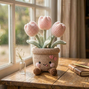 Crochet Tulip Pot Plush, Amigurumi Flower Pot Doll, Handmade Kawaii Shelf Decor, Cute Nursery Gift, Pink Tulip Plush Toy 6-14in