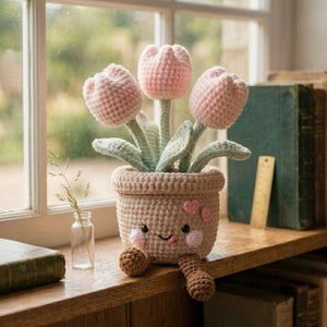 Crochet Tulip Pot Plush, Amigurumi Flower Pot Doll, Handmade Kawaii Shelf Decor, Cute Nursery Gift, Pink Tulip Plush Toy 6-14in
