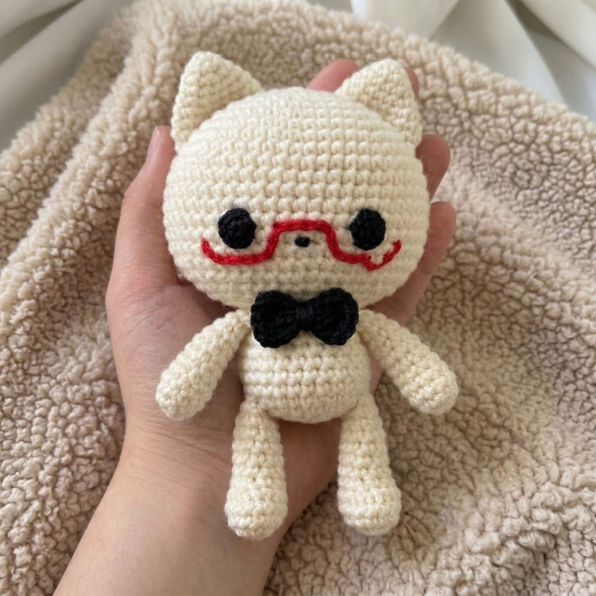Crochet Cat Plush, Handmade Amigurumi Cat Doll, Cute Cat With Red Glasses, Black Bow Tie Stuffed Animal, Kawaii Gift Soft Toy 4-12 Inch Gift