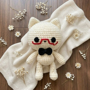 Crochet Cat Plush, Handmade Amigurumi Cat Doll, Cute Cat With Red Glasses, Black Bow Tie Stuffed Animal, Kawaii Gift Soft Toy 4-12 Inch Gift