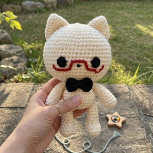 Crochet Cat Plush, Handmade Amigurumi Cat Doll, Cute Cat With Red Glasses, Black Bow Tie Stuffed Animal, Kawaii Gift Soft Toy 4-12 Inch Gift
