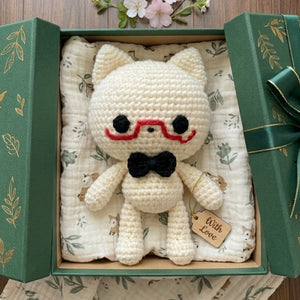 Crochet Cat Plush, Handmade Amigurumi Cat Doll, Cute Cat With Red Glasses, Black Bow Tie Stuffed Animal, Kawaii Gift Soft Toy 4-12 Inch Gift