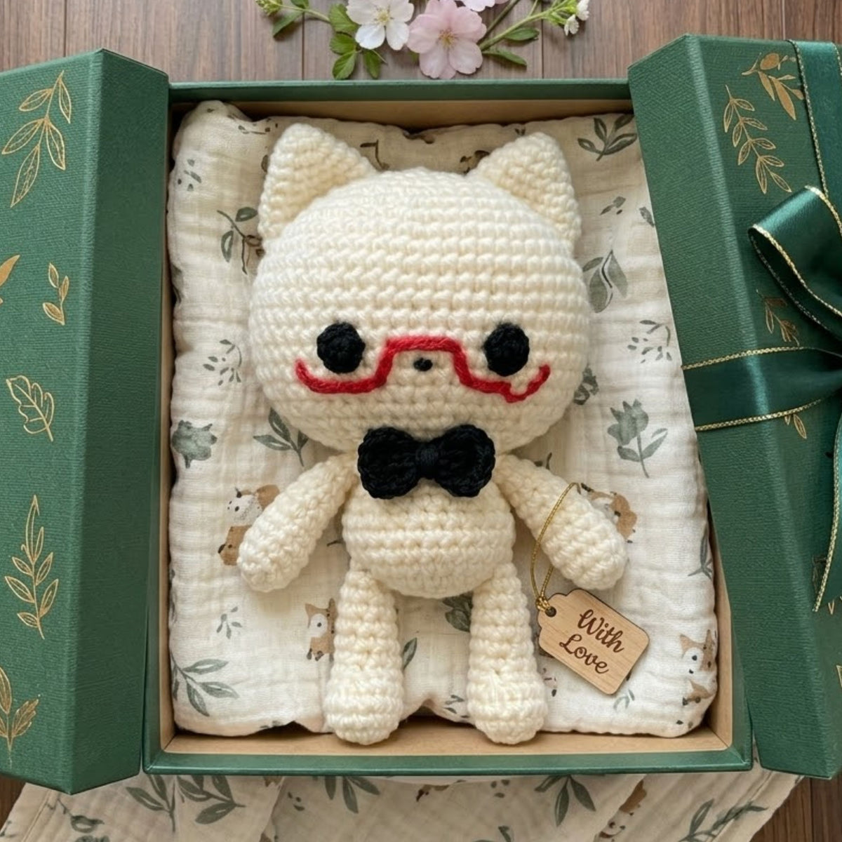 Crochet Cat Plush, Handmade Amigurumi Cat Doll, Cute Cat With Red Glasses, Black Bow Tie Stuffed Animal, Kawaii Gift Soft Toy 4-12 Inch Gift