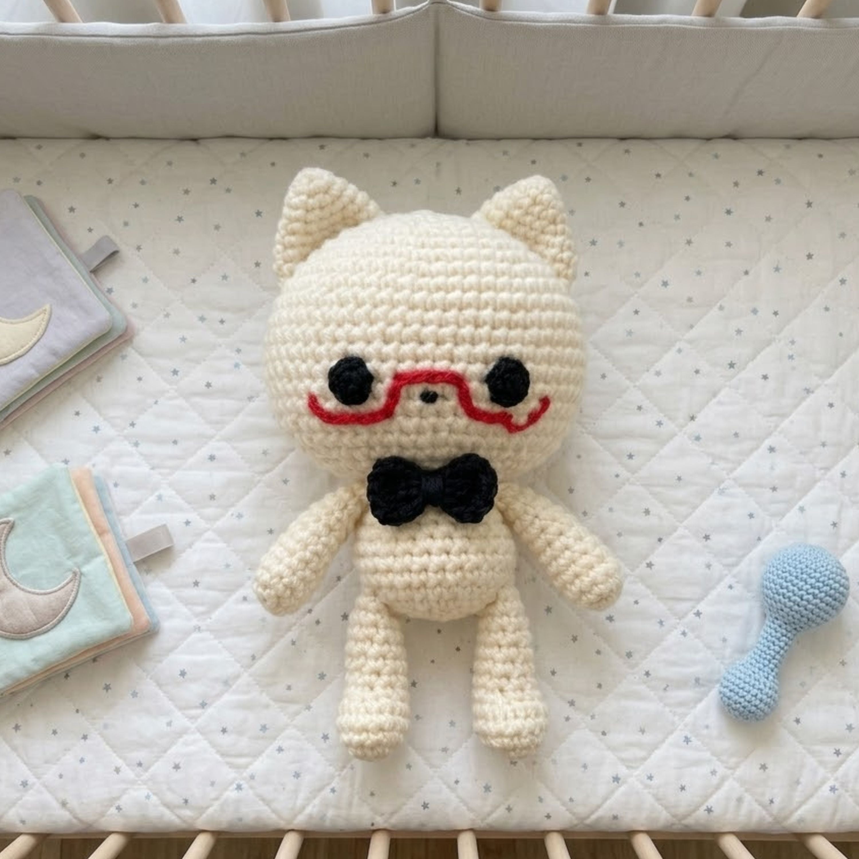 Crochet Cat Plush, Handmade Amigurumi Cat Doll, Cute Cat With Red Glasses, Black Bow Tie Stuffed Animal, Kawaii Gift Soft Toy 4-12 Inch Gift