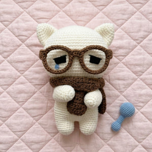 Crochet Cat Plush, Handmade Amigurumi Cat Doll, Cute Glasses Cat With Scarf, Kawaii Nursery Decor Gift, Stuffed Toys 4-12in for Cat Lovers