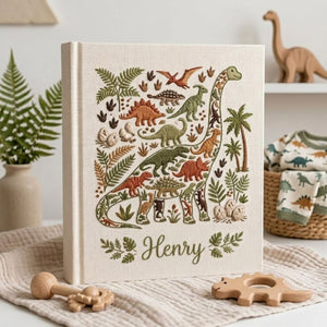 Personalized Baby Photo Album, Hand Embroidered Dinosaur Memory Book, Custom Name Keepsake, Woodland Nursery Gift, Newborn, Baby Shower Gift