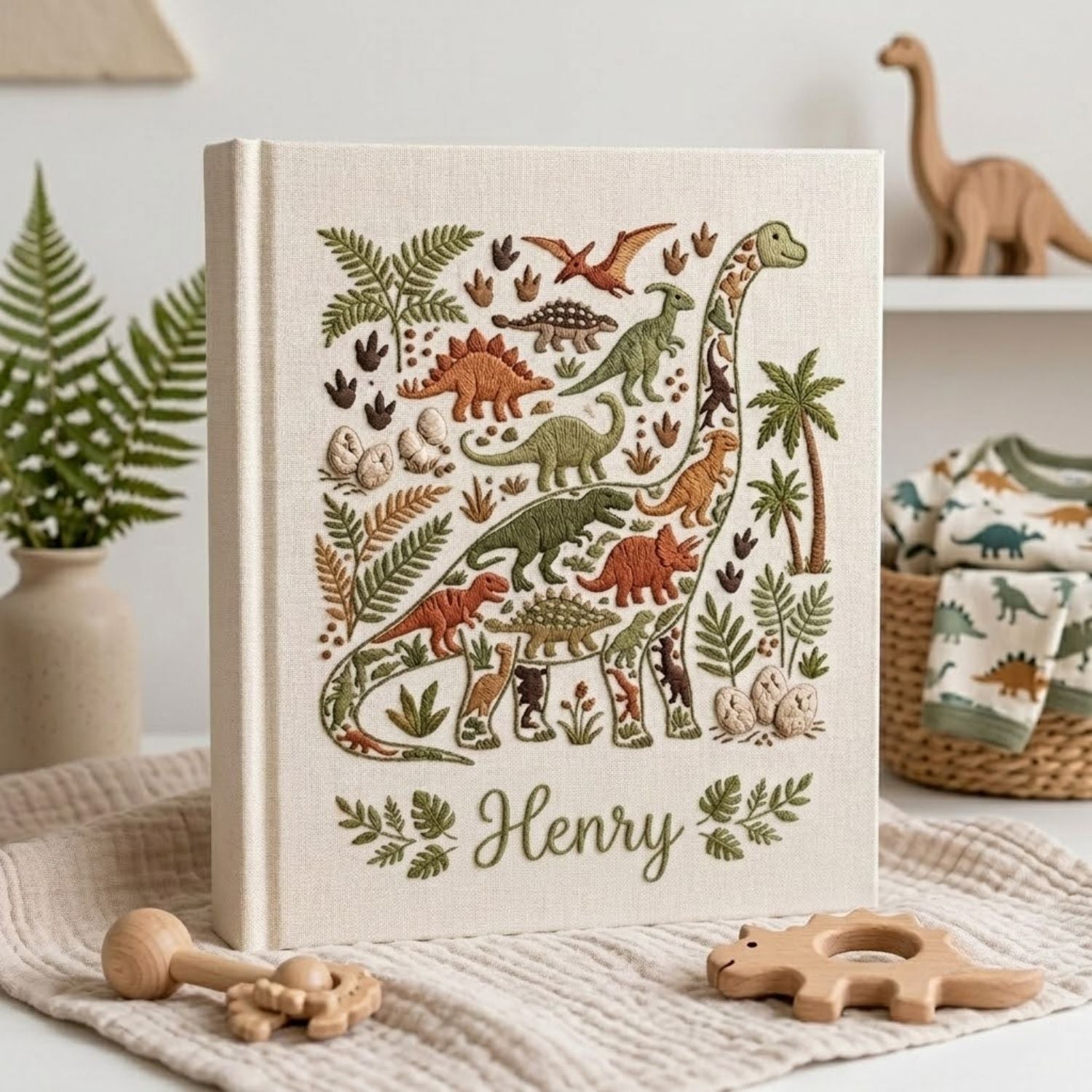 Personalized Baby Photo Album, Hand Embroidered Dinosaur Memory Book, Custom Name Keepsake, Woodland Nursery Gift, Newborn, Baby Shower Gift