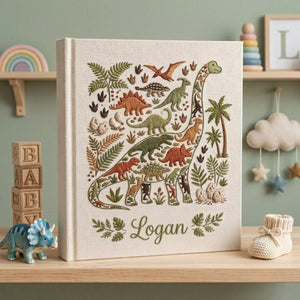 Personalized Baby Photo Album, Hand Embroidered Dinosaur Memory Book, Custom Name Keepsake, Woodland Nursery Gift, Newborn, Baby Shower Gift