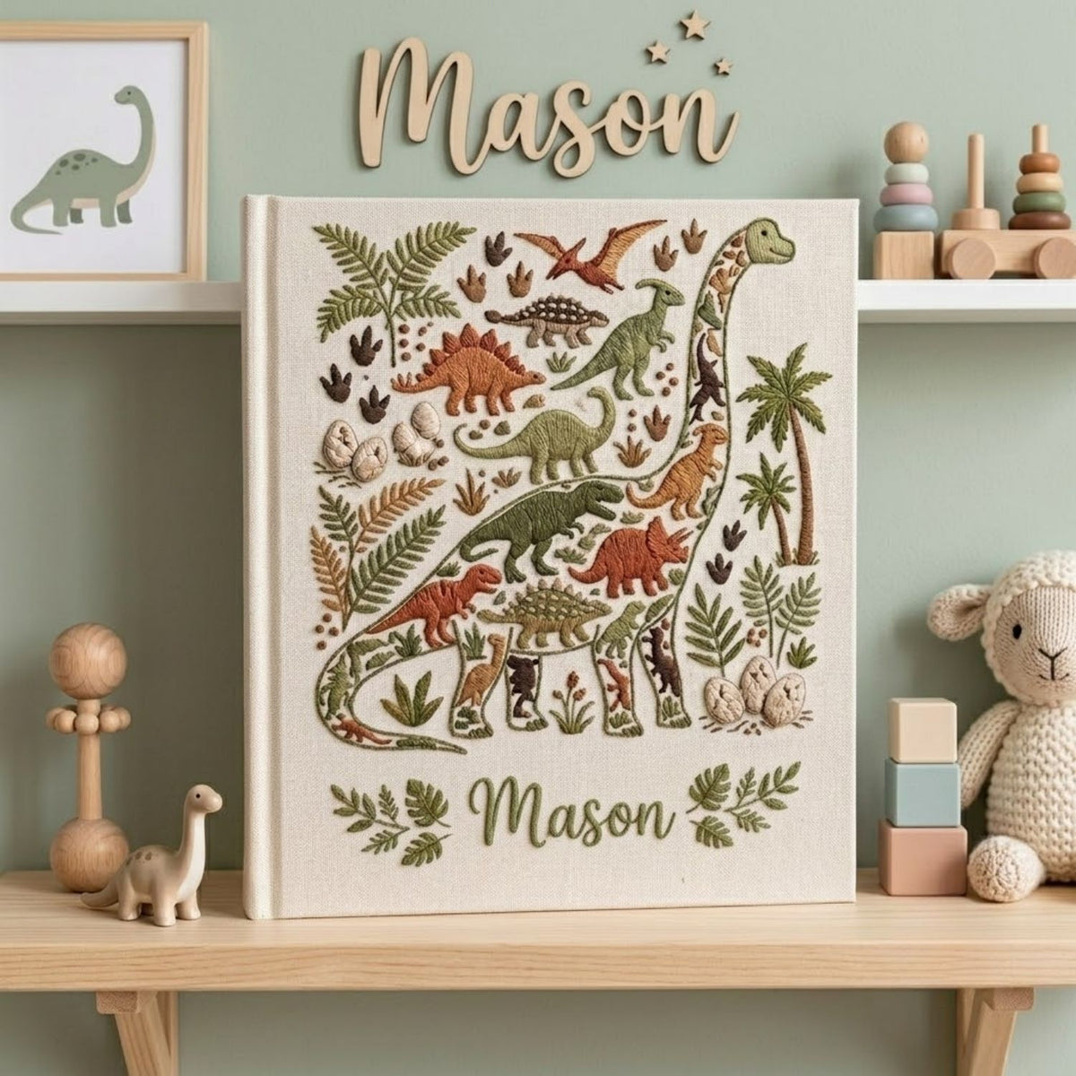 Personalized Baby Photo Album, Hand Embroidered Dinosaur Memory Book, Custom Name Keepsake, Woodland Nursery Gift, Newborn, Baby Shower Gift
