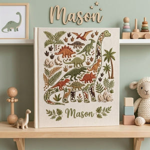 Personalized Baby Photo Album, Hand Embroidered Dinosaur Memory Book, Custom Name Keepsake, Woodland Nursery Gift, Newborn, Baby Shower Gift