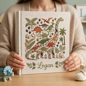 Personalized Baby Photo Album, Hand Embroidered Dinosaur Memory Book, Custom Name Keepsake, Woodland Nursery Gift, Newborn, Baby Shower Gift