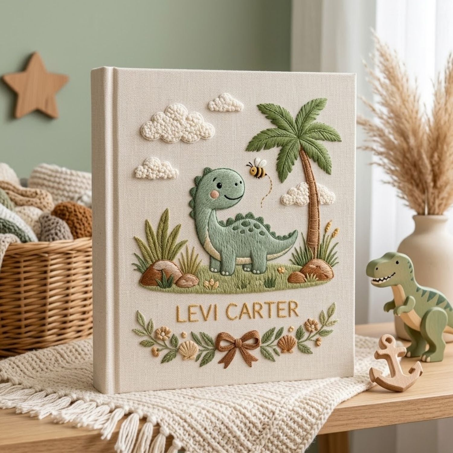Personalized Baby Photo Album, Hand Embroidered Dinosaur Memory Book, Custom Name Keepsake, Woodland Nursery Gift, Newborn, Baby Shower Gift