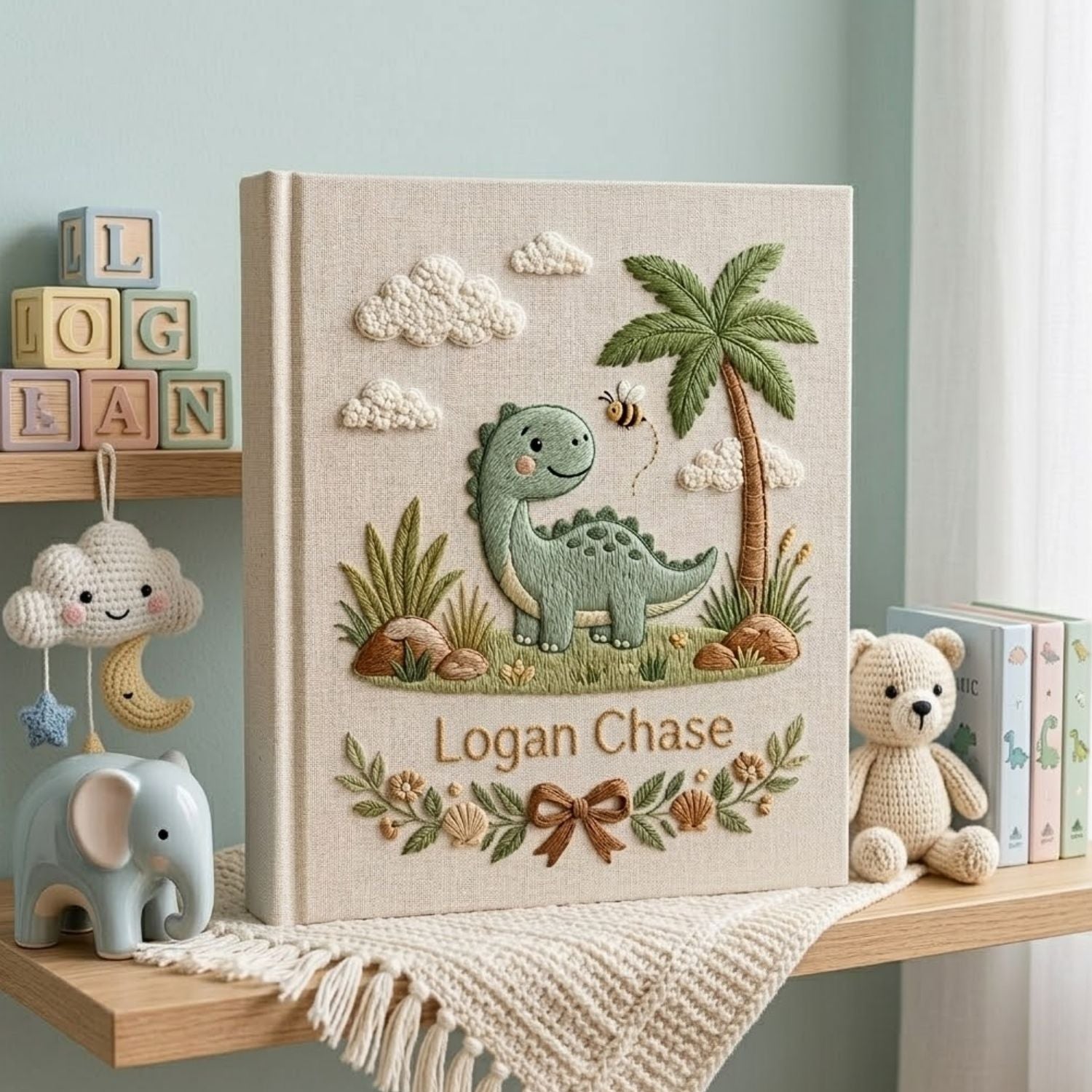 Personalized Baby Photo Album, Hand Embroidered Dinosaur Memory Book, Custom Name Keepsake, Woodland Nursery Gift, Newborn, Baby Shower Gift