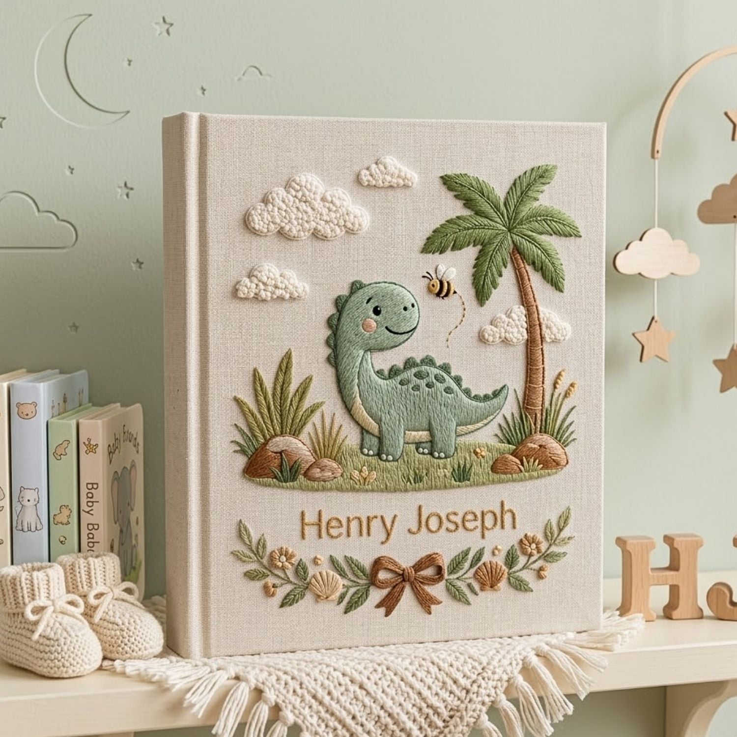 Personalized Baby Photo Album, Hand Embroidered Dinosaur Memory Book, Custom Name Keepsake, Woodland Nursery Gift, Newborn, Baby Shower Gift