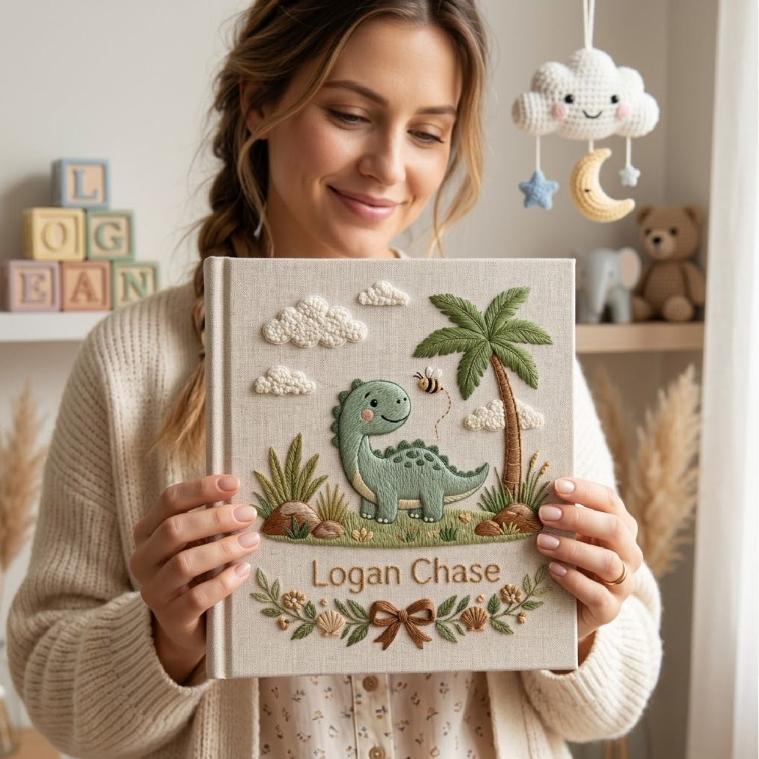 Personalized Baby Photo Album, Hand Embroidered Dinosaur Memory Book, Custom Name Keepsake, Woodland Nursery Gift, Newborn, Baby Shower Gift