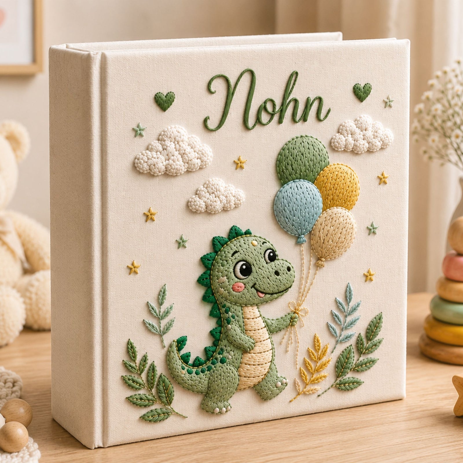 Personalized Hand Embroidered Baby Photo Album With Sleeves, Custom Dinosaur Newborn Memory Book, Nursery Gift, Baby Boy Allbum Gift