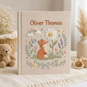 Personalized Baby Photo Album, Hand Embroidered Dinosaur Memory Book, Custom Name Keepsake, Woodland Nursery Gift, Newborn, Baby Shower Gift