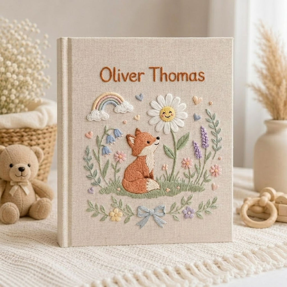 Hand Embroidered Baby Photo Album, Personalized Baby Album, Custom Name Woodland Fox Memory Book, Baby Keepsake Gift Nursery