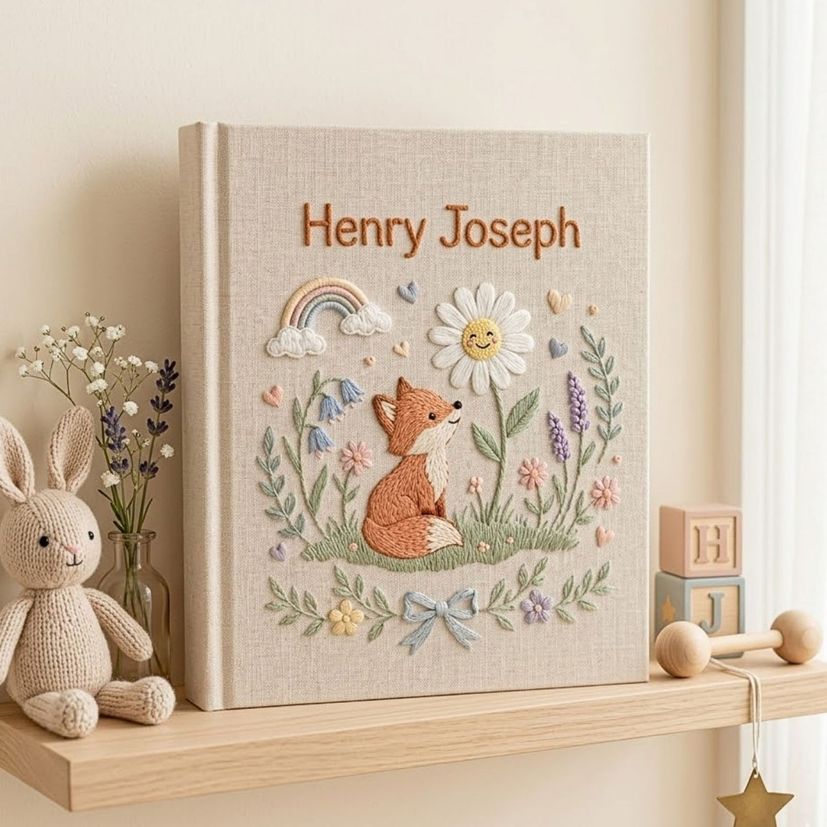 Hand Embroidered Baby Photo Album, Personalized Baby Album, Custom Name Woodland Fox Memory Book, Baby Keepsake Gift Nursery