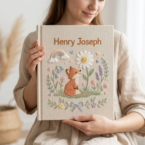 Personalized Baby Photo Album, Hand Embroidered Dinosaur Memory Book, Custom Name Keepsake, Woodland Nursery Gift, Newborn, Baby Shower Gift