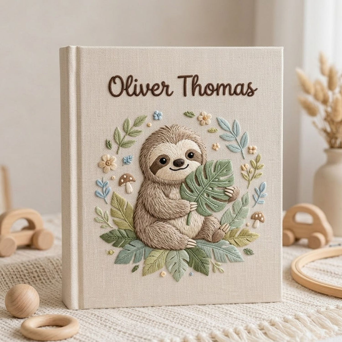 Hand Embroidered Baby Photo Album, Personalized Baby Album, Custom Name Sloth Memory Book, Woodland Baby Keepsake Gift