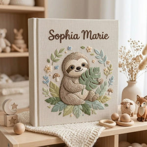 Personalized Baby Photo Album, Hand Embroidered Dinosaur Memory Book, Custom Name Keepsake, Woodland Nursery Gift, Newborn, Baby Shower Gift