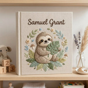 Personalized Baby Photo Album, Hand Embroidered Dinosaur Memory Book, Custom Name Keepsake, Woodland Nursery Gift, Newborn, Baby Shower Gift