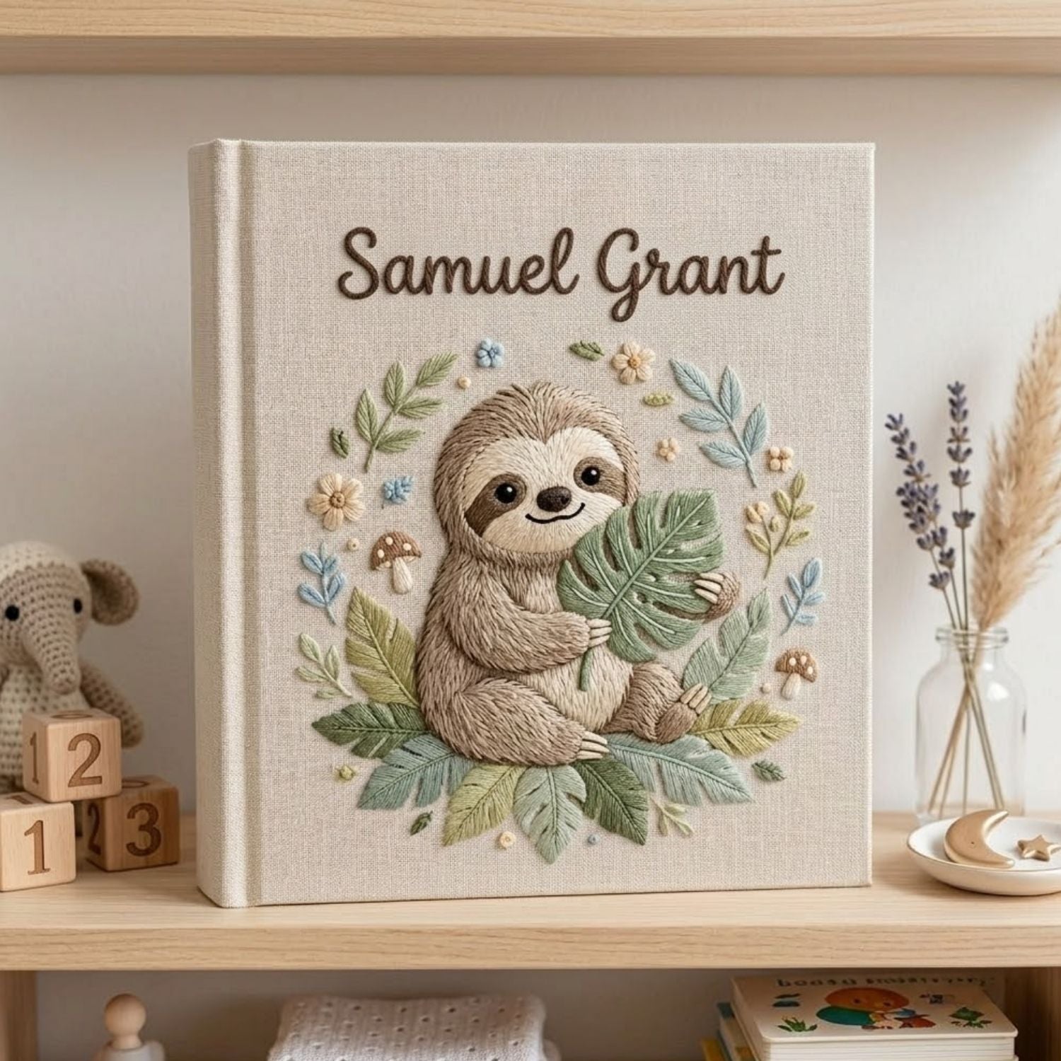 Personalized Baby Photo Album, Hand Embroidered Dinosaur Memory Book, Custom Name Keepsake, Woodland Nursery Gift, Newborn, Baby Shower Gift