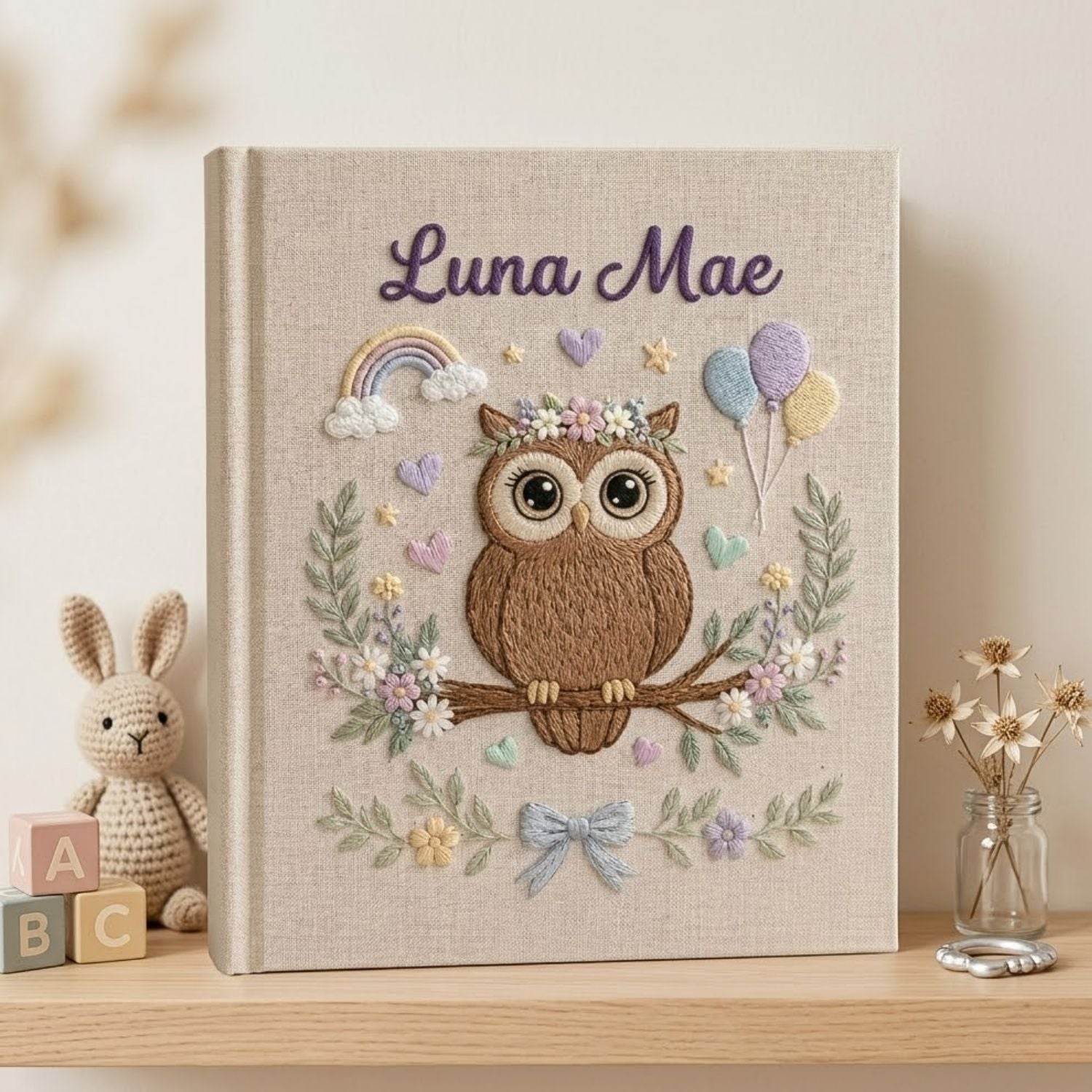 Personalized Baby Photo Album, Hand Embroidered Baby Album, Custom Name Linen Photo Book, Owl Nursery Memory Book, Baby Shower Gift