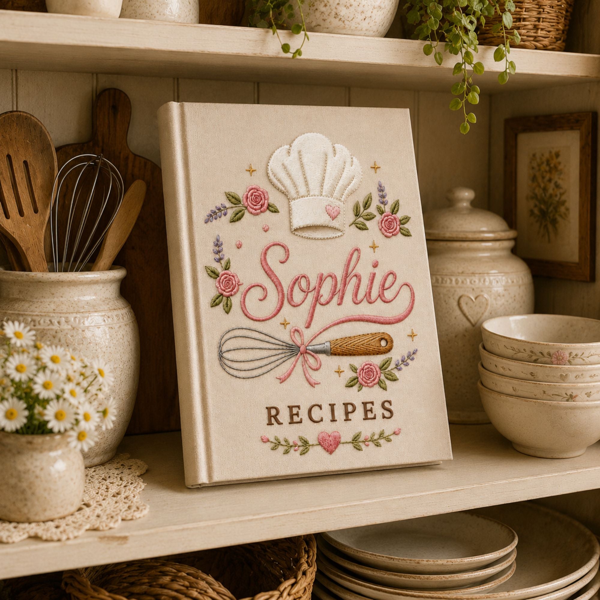 Personalized Baking Embroidery Recipe Book, Custom Chef Hat Name Journal Keepsake, Floral Kitchen Memory Book, Handmade Baking Gift for Mom