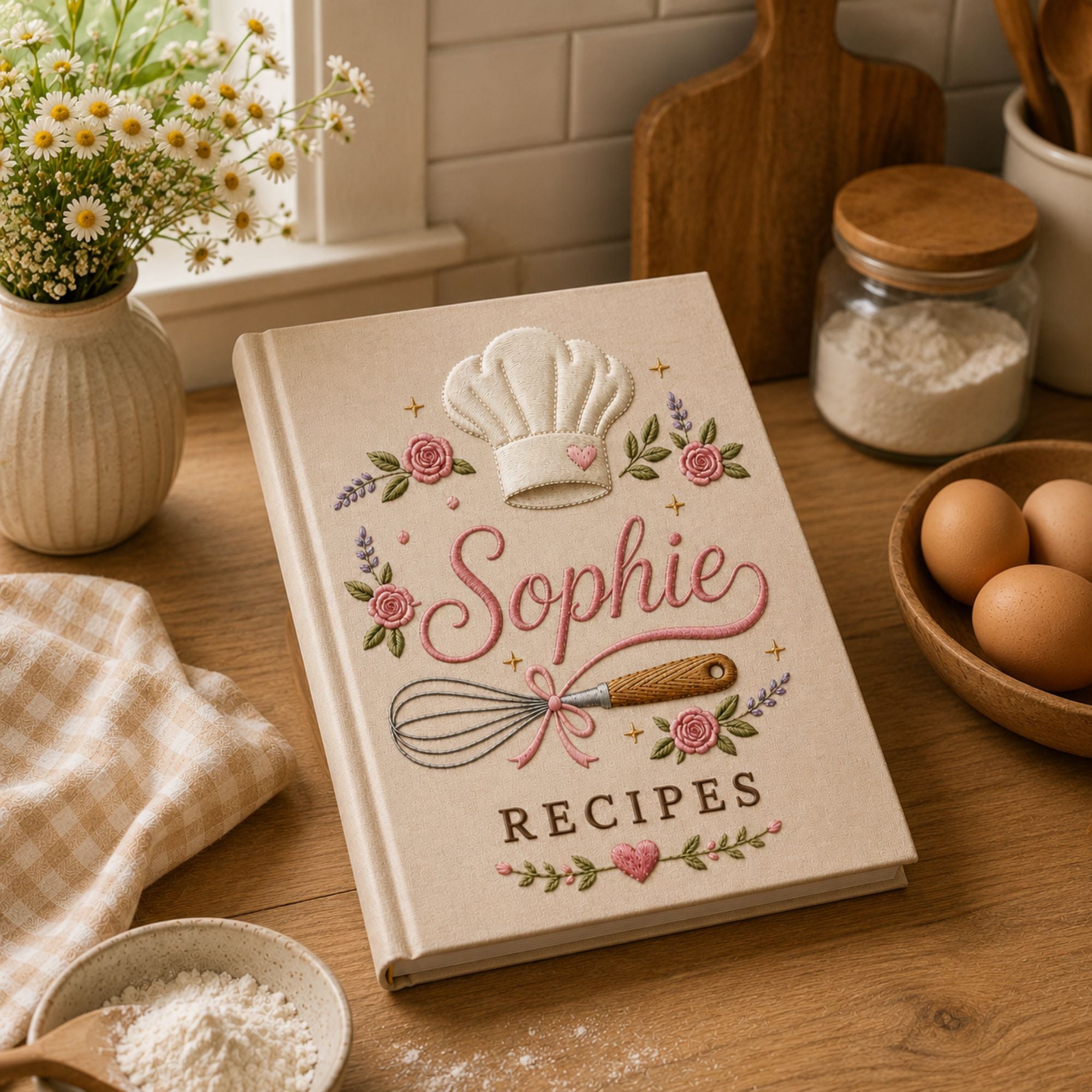 Personalized Baking Embroidery Recipe Book, Custom Chef Hat Name Journal Keepsake, Floral Kitchen Memory Book, Handmade Baking Gift for Mom