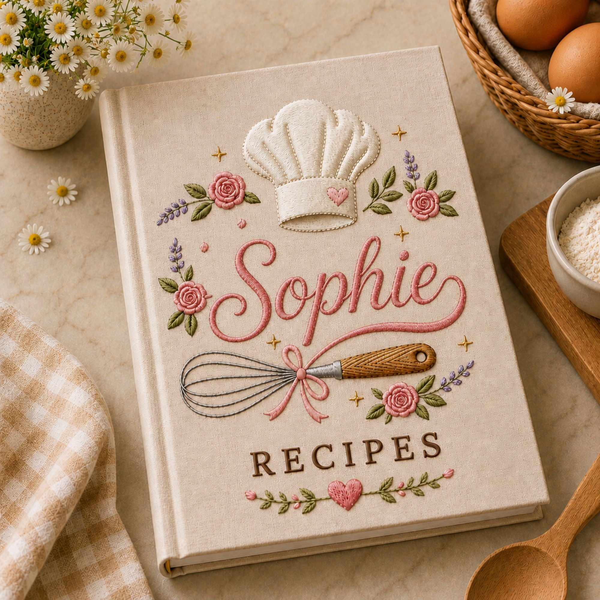 Personalized Baking Embroidery Recipe Book, Custom Chef Hat Name Journal Keepsake, Floral Kitchen Memory Book, Handmade Baking Gift for Mom