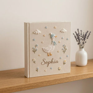 Personalized Baby Photo Album, Hand Embroidered Dinosaur Memory Book, Custom Name Keepsake, Woodland Nursery Gift, Newborn, Baby Shower Gift