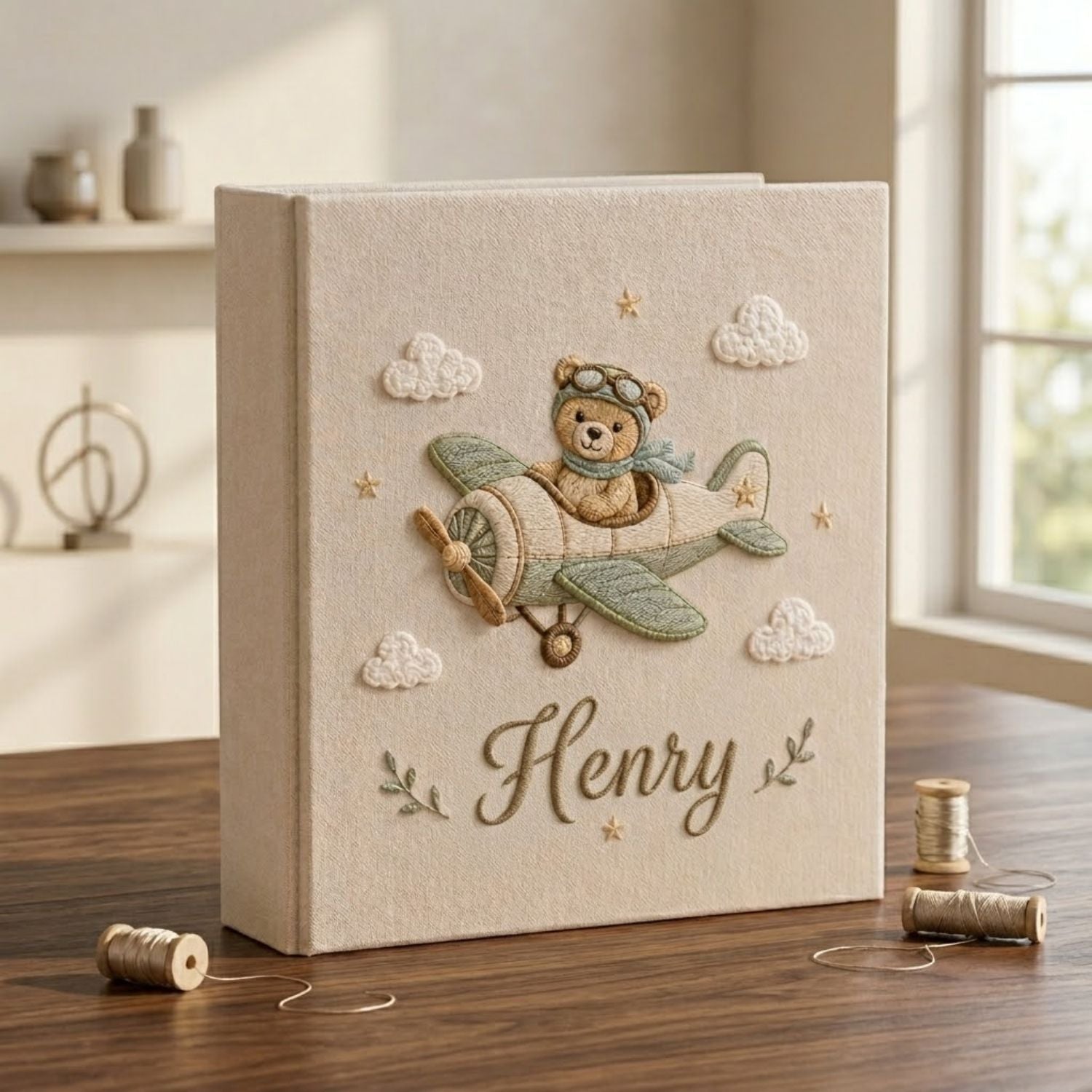 Personalized Baby Photo Album, Hand Embroidered Dinosaur Memory Book, Custom Name Keepsake, Woodland Nursery Gift, Newborn, Baby Shower Gift