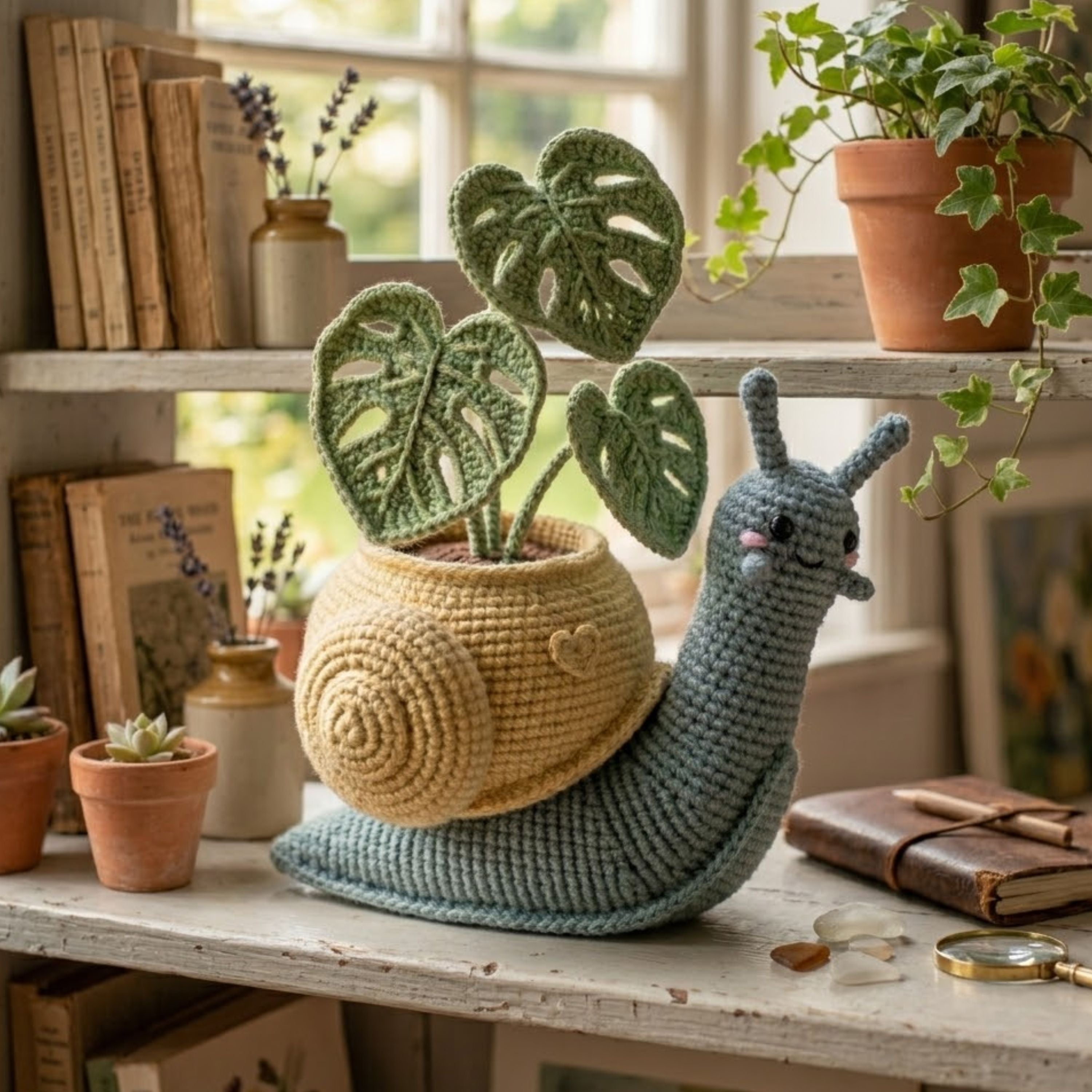 Crochet Snail Plant Amigurumi Plush, Handmade Monstera Leaf Stuffed Toy, Cute Plant Lover Gift, Nursery Decor, Custom 4-12 Inch Home Plushie