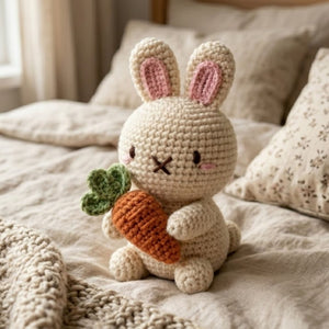 Crochet Bunny With Carrot Amigurumi Plush, Handmade Rabbit Stuffed Toy, Cute Easter Nursery Decor, Custom 4-12 Inch Soft Gift For Baby Rooms