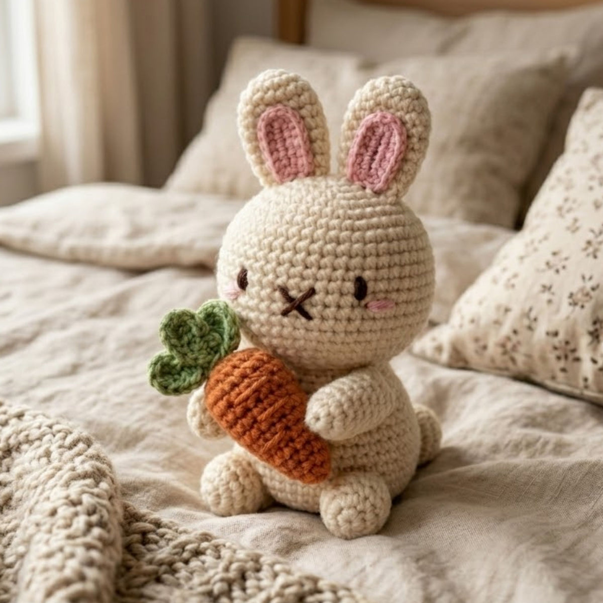 Crochet Bunny With Carrot Amigurumi Plush, Handmade Rabbit Stuffed Toy, Cute Easter Nursery Decor, Custom 4-12 Inch Soft Gift For Baby Rooms
