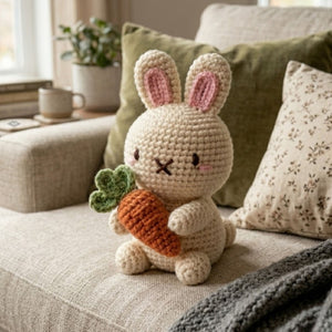 Crochet Bunny With Carrot Amigurumi Plush, Handmade Rabbit Stuffed Toy, Cute Easter Nursery Decor, Custom 4-12 Inch Soft Gift For Baby Rooms